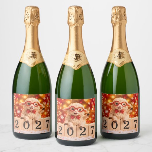 新年おめでとう 2027年 未 羊 スパークリングワインラベル (ボトル)