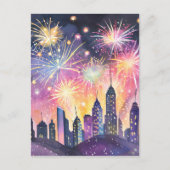 新年おめでとう | Fireworks City Night Waterカラー ポストカード (正面)
