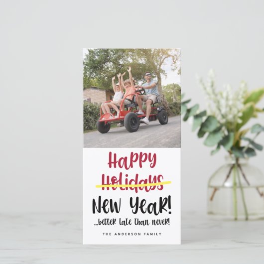 新年おもしろいの取り消し写真おめでとう シーズンカード (スタンド正面)