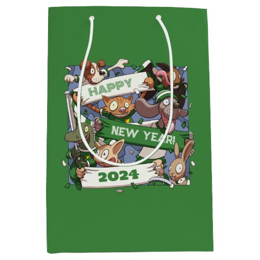 新年おもしろい動物スポーツファンのスカーフ漫画 ミディアムペーパーバッグ (正面)