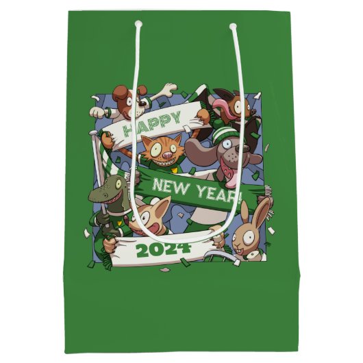 新年おもしろい動物スポーツファンのスカーフ漫画 ミディアムペーパーバッグ (裏面)