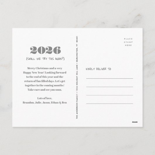 新年おもしろい3回目のチャーム白黒写真 シーズンポストカード (裏面)