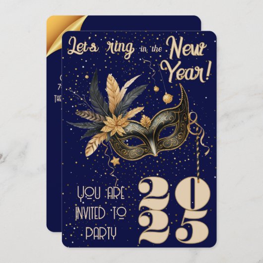 新年に向かってリングしようパーティーグラマラス青 招待状 (正面/裏面)