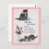 新年のあいさつ猫と花 ポストカード (正面/裏面)