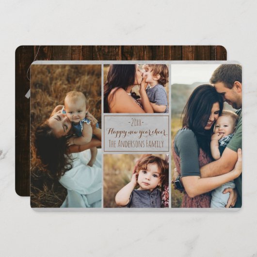 新年のおめでとうモダンご家族の写真コラージュの復習 シーズンカード (正面/裏面)