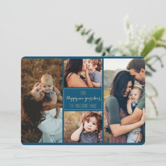 新年のおめでとうモダンご家族の写真コラージュの復習 シーズンカード (スタンド正面)