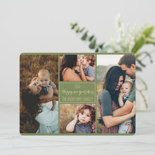 新年のおめでとうモダンご家族の写真コラージュの復習 シーズンカード (スタンド正面)