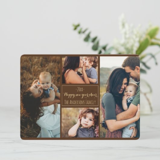 新年のおめでとうモダンご家族の写真コラージュの復習 シーズンカード (スタンド正面)