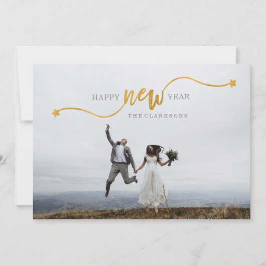 新年のおめでとう金ゴールドスタースクリプトフォトカード シーズンカード (正面)