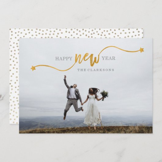 新年のおめでとう金ゴールドスタースクリプトフォトカード シーズンカード (正面/裏面)