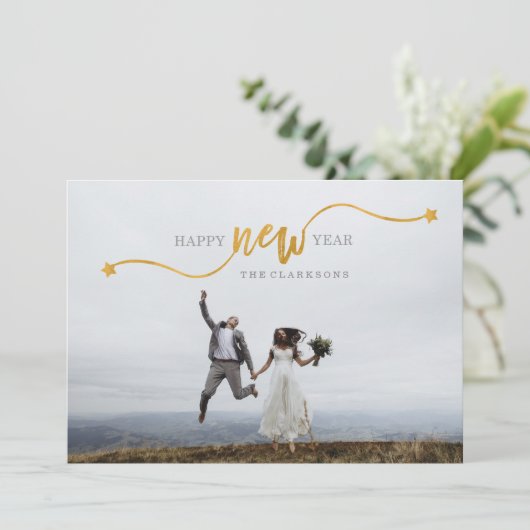 新年のおめでとう金ゴールドスタースクリプトフォトカード シーズンカード (スタンド正面)