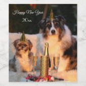 新年のおもしろい犬とパーティー帽子 ワインラベル (シングルラベル)