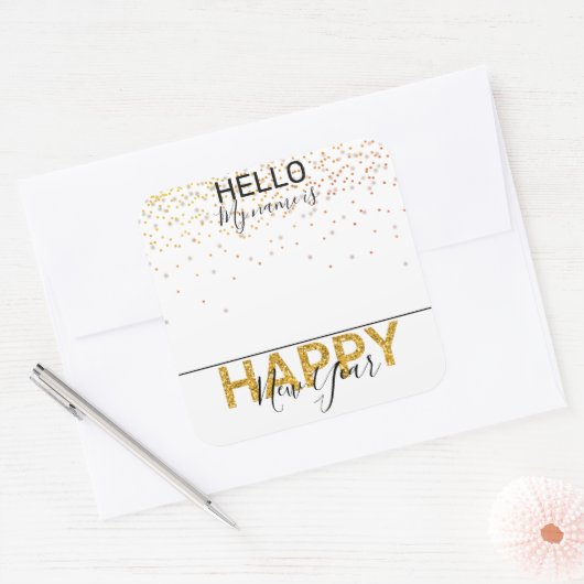 新年のお祝いパーティー名タグバッジ スクエアシール (封筒)