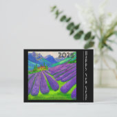 新年のカード 山の前のラベンダー畑 ポストカード (スタンド正面)