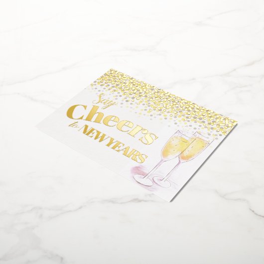 新年のシャンパングラスに応援を言う 箔シーズンポストカード (回転した状態)