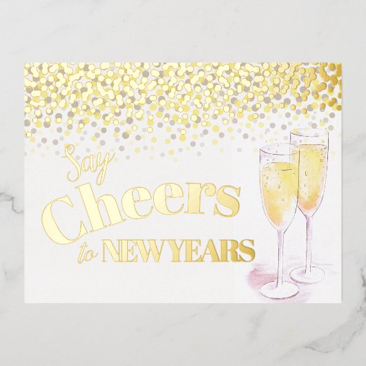 新年のシャンパングラスに応援を言う 箔シーズンポストカード (正面)