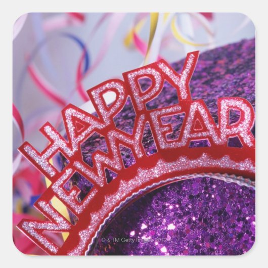 新年のティアラとスパンコールの帽子 スクエアシール (正面)