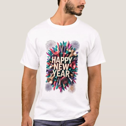 新年のパーティーホーンTシャツ、紙吹雪のバースト Tシャツ (正面)