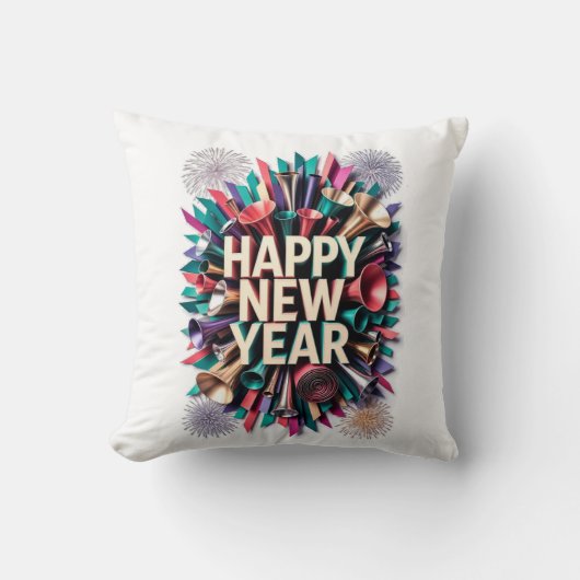 新年のパーティーホーンTシャツ、紙吹雪の爆発 クッション (正面)