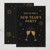新年のパーティー招待状 | ブラック＆ゴールド 招待状 (正面/裏面)