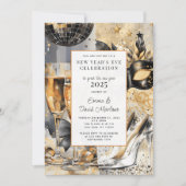 新年のパーティー2025ブラック金ゴールドグリッター 招待状 (正面)