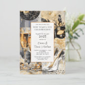 新年のパーティー2025ブラック金ゴールドグリッター 招待状 (スタンド正面)