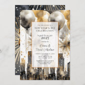 新年のパーティー2025年金ゴールドグリッターバルーン市 招待状 (正面/裏面)