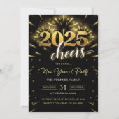 新年のパーティー2025年金ゴールドブラックモダン 招待状 (正面)