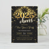 新年のパーティー2025年金ゴールドブラックモダン 招待状 (スタンド正面)