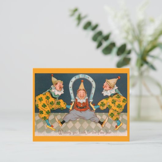 新年のピエロとクローバー ポストカード (スタンド正面)