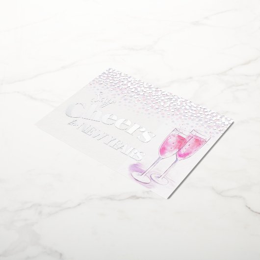 新年のピンクのシャンパングラスに応援を言う 箔シーズンポストカード (回転した状態)