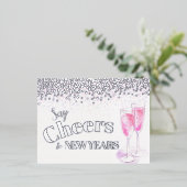 新年のピンクのシャンパングラスに応援を言う 箔シーズンポストカード (立ち正面)