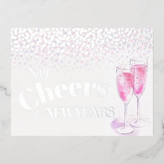 新年のピンクのシャンパングラスに応援を言う 箔シーズンポストカード (正面)
