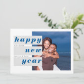 新年のフォトブルーグレーブロックタイポグラフィの重複 シーズンカード (スタンド正面)