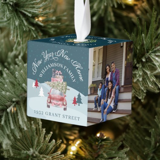 新年のホームレッドレトロカー写真保存 キューブオーナメント (ツリー)