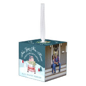 新年のホームレッドレトロカー写真保存 キューブオーナメント (裏面アングル)