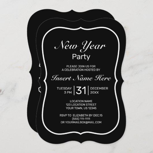 新年のミニマルモダンリスト白黒 招待状 (正面/裏面)