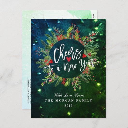 新年のメリークリスマスのヒイラギのリースへの応援 シーズンポストカード (正面/裏面)