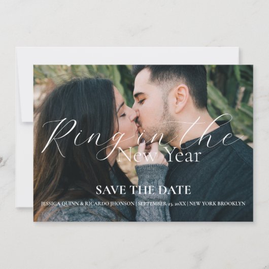 新年のリングや輪結婚式の日付を保存 招待状 (正面)
