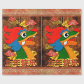 新年の中国のペーパーカットドラゴンウッドレッド金ゴールド ラッピングペーパー (フラット)