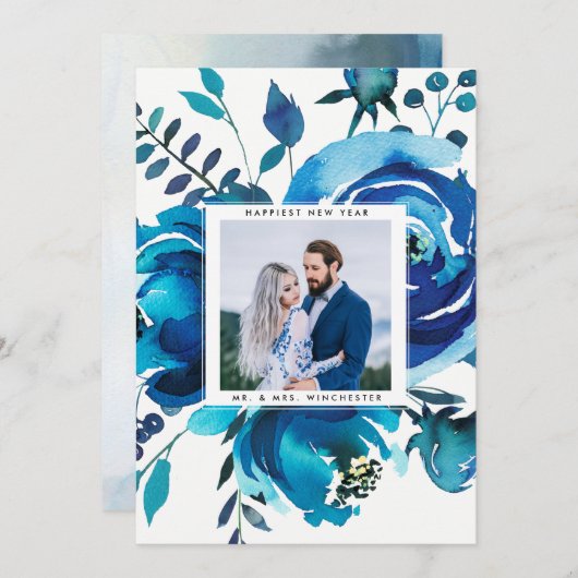 新年の写真カード | 新しいフローラ水色 シーズンカード (正面/裏面)