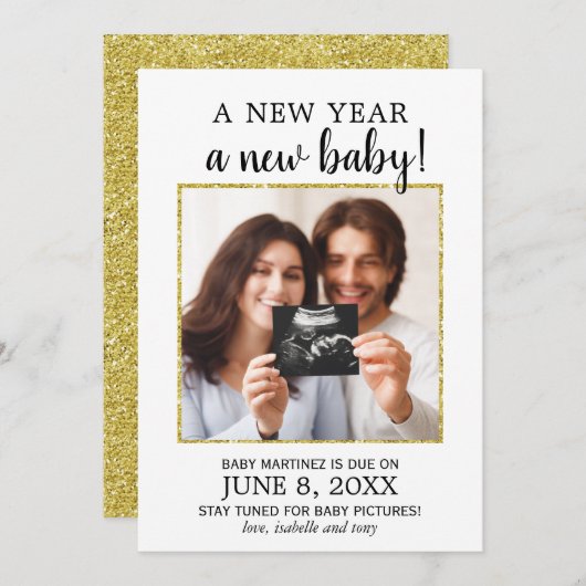 新年の写真ベビー妊娠のお知らせ 案内状 (正面/裏面)