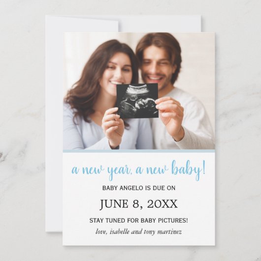 新年の写真男の赤ちゃん妊娠のお知らせ 案内状 (正面)