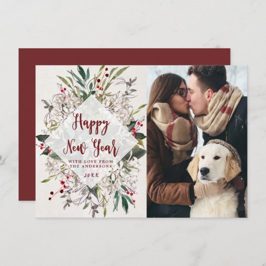 新年の冬のフローラの緑の写真カード シーズンカード (正面/裏面)