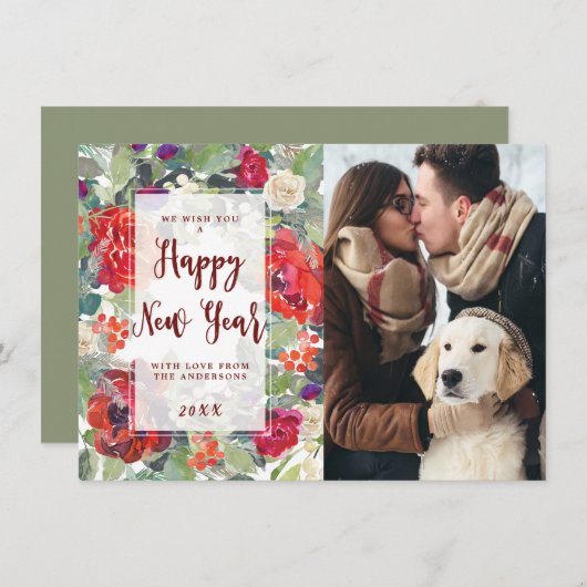 新年の冬のフローラ緑のフォトカード シーズンカード (正面/裏面)