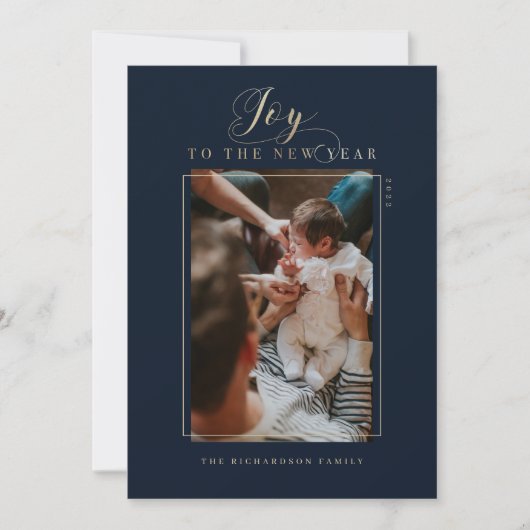 新年の台本の写真とエレガントへのストライプ喜び シーズンカード (正面)