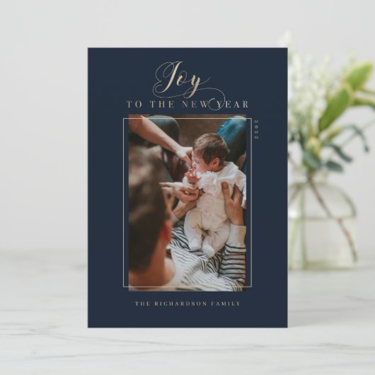 新年の台本の写真とエレガントへのストライプ喜び シーズンカード (スタンド正面)