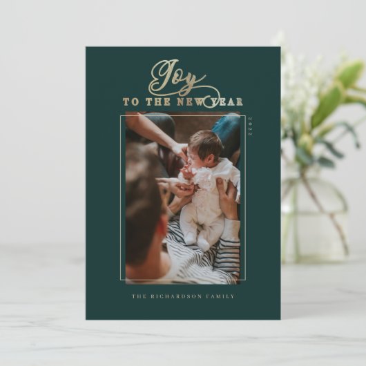 新年の台本の写真とエレガントへのストライプ喜び シーズンカード (スタンド正面)