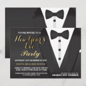 新年の夜のパーティー 黒スーツの蝶ネクタイ 夕食の招待状 招待状 (正面/裏面)