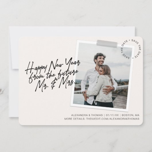 新年の婚約日付を保存するCreme写真 シーズンカード (正面)